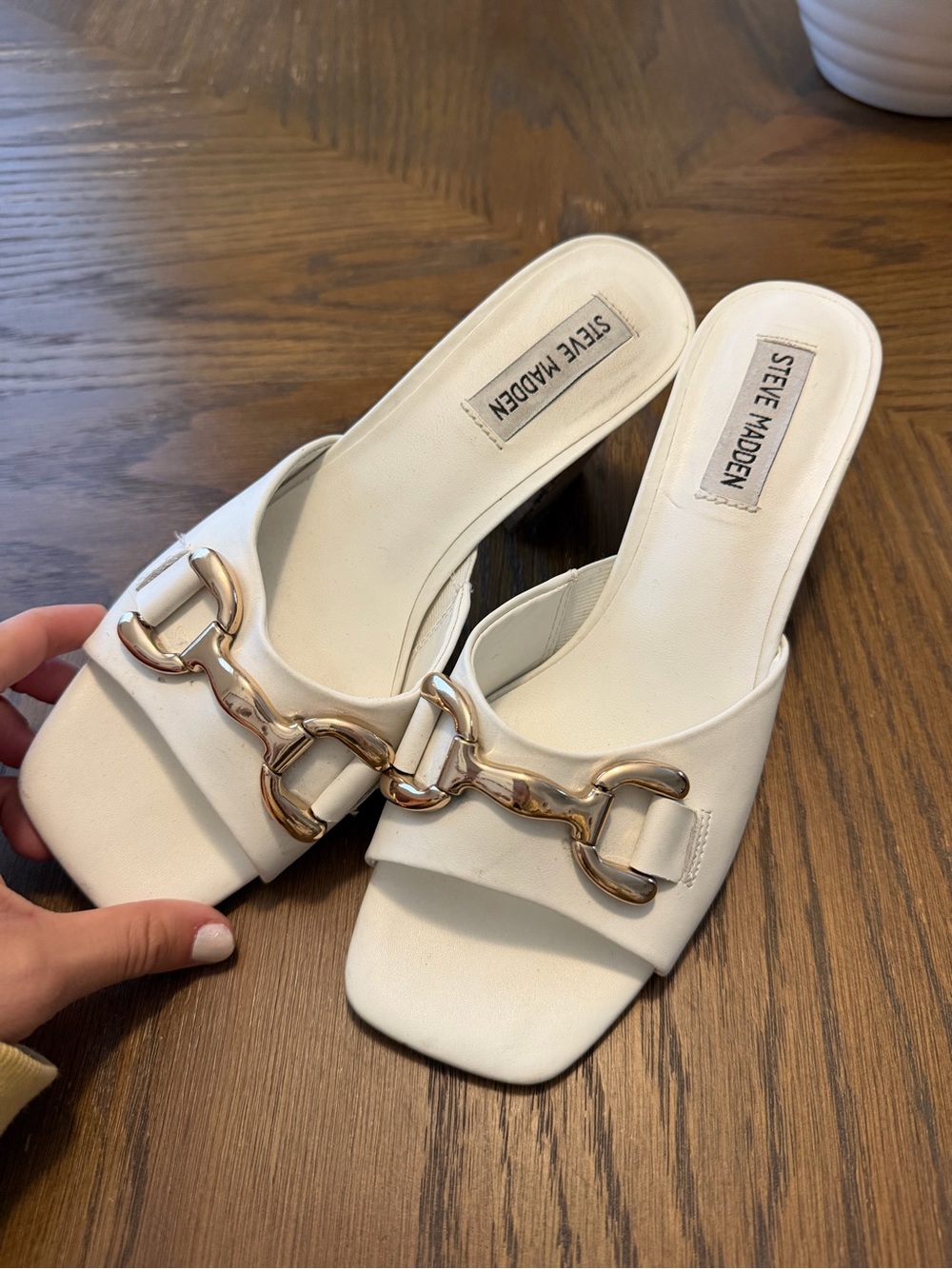 Steve Madden White Slide Mules with Gold Chain Accent